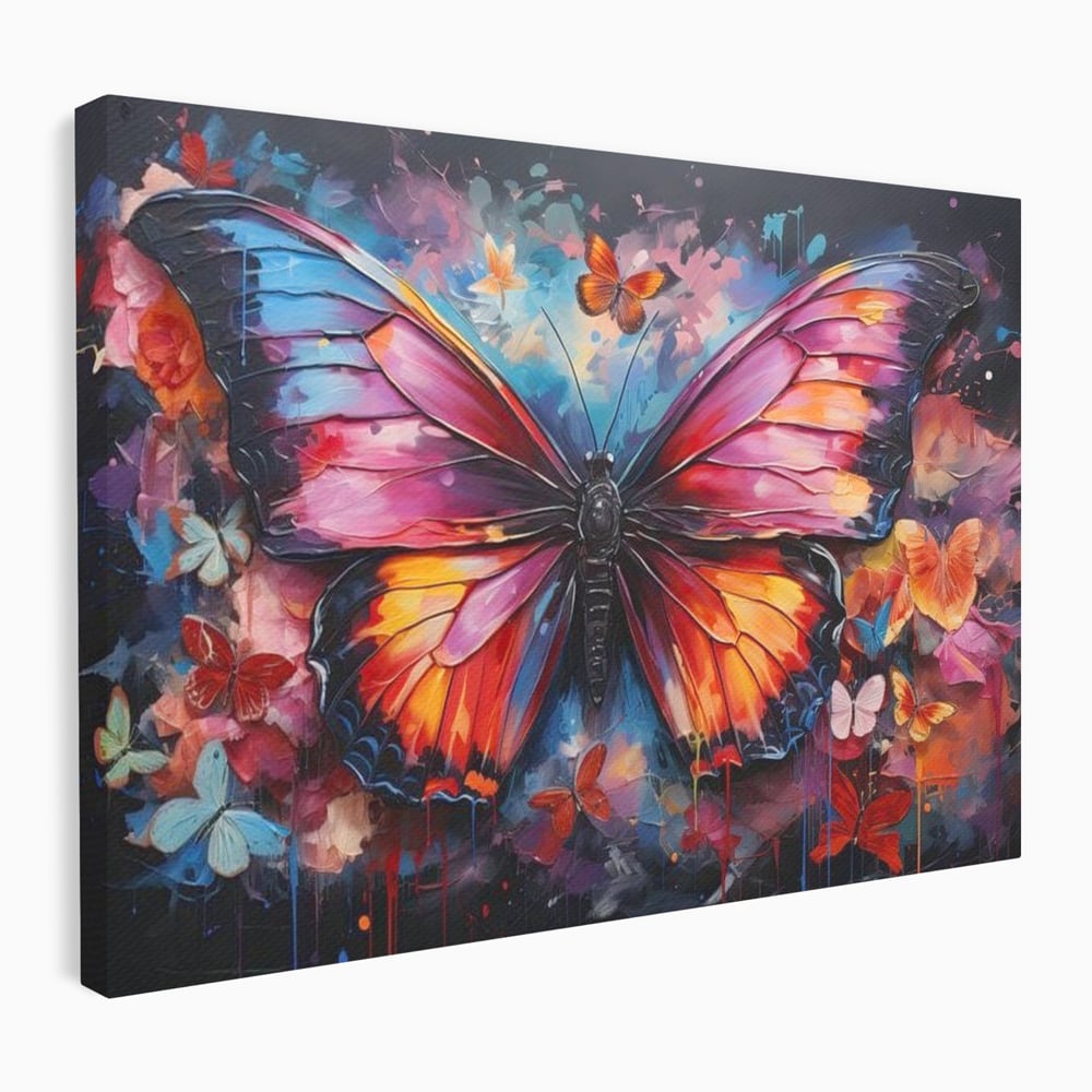 Tablou canvas cu tablou canvas cu fluture central multicolor, fara rama, pe sasiu de lemn